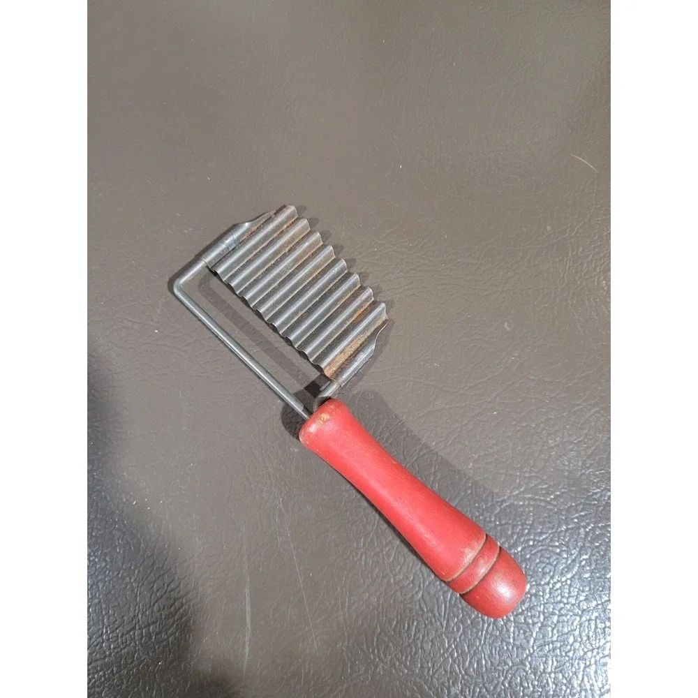 Vintage Wavy Metal Cheese Slicer with wood Red Handle